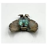 Sterling Silver Brooch Pin with Emerald-Cut Blue-Green Gem