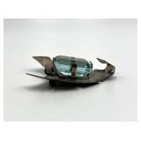 Sterling Silver Brooch Pin with Emerald-Cut Blue-Green Gem