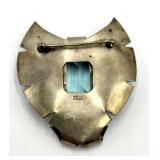 Sterling Silver Brooch Pin with Emerald-Cut Blue-Green Gem
