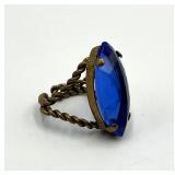 Regency Revival Style Cocktail Ring - Blue Glass Stone - Adjustable