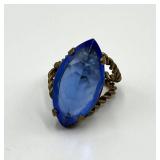 Regency Revival Style Cocktail Ring - Blue Glass Stone - Adjustable
