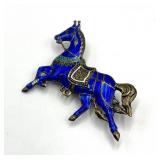 Sterling Blue Enamel Horse Brooch