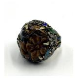 Chinese Silver Carved Tiger's Eye Adjustable Ring