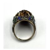 Chinese Silver Carved Tiger's Eye Adjustable Ring