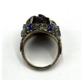 Chinese Silver Carved Tiger's Eye Adjustable Ring