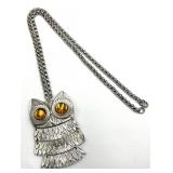 Owl Pendant Necklace - Silver Tone with Amber Eyes