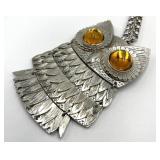 Owl Pendant Necklace - Silver Tone with Amber Eyes