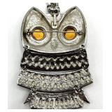 Owl Pendant Necklace - Silver Tone with Amber Eyes