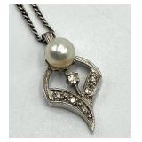 Pearl Marcasite Silver Pendant Necklace
