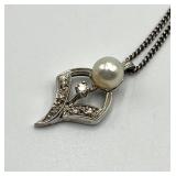 Pearl Marcasite Silver Pendant Necklace