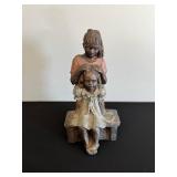 Wooden Folk Art Sculpture - Two Girls on Bench Hair Braiding, Hand-Painted
