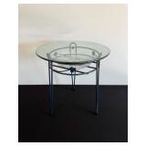 Round Glass Top Side Table - Blue Metal Frame with Circular Ring Design