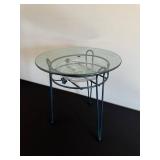 Round Glass Top Side Table - Blue Metal Frame with Circular Ring Design