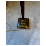 Floor Lamp - Dark Wood Column with Brass Accents & Speckled Frosted Glass Shade