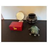 Red Jewelry Box, Round Vanity Mirror, Black Vase, Green Turtle Figurine