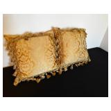 Pair of Gold Damask Tassel-Trim Throw Pillows