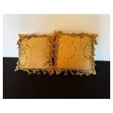 Pair of Gold Damask Tassel-Trim Throw Pillows