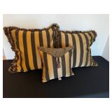 Striped Throw Pillows Set - Gold & Black Fringe, 3-Piece
