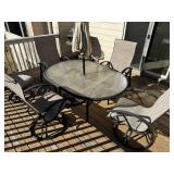 Patio Table Set - Round Glass Top Table With Umbrella & 5 Beige Mesh Chairs