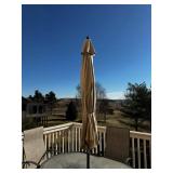 Patio Table Set - Round Glass Top Table With Umbrella & 5 Beige Mesh Chairs