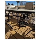 Patio Table Set - Round Glass Top Table With Umbrella & 5 Beige Mesh Chairs