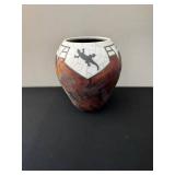 Lizard Motif Vase - Hand-Thrown Ceramic, Crackle White & Red Glaze, 2002 Signed