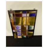 Stained Glass Wall Panel - Multicolor Grid with Hanging Rings & Chain