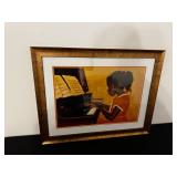Framed Wall Art - Girl Playing Piano in Orange Dress, Gold Frame