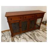 Oak Sideboard Buffet with Glass-Front Cabinets and 4 Drawers
