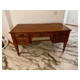 Oak Wood Desk with Four Drawers, Turned Legs, Carved Edge