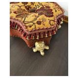 Vintage Ottoman Storage Stool - Tapestry Top, Gold Turtle Feet, Floral Damask Design
