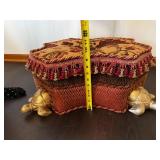 Vintage Ottoman Storage Stool - Tapestry Top, Gold Turtle Feet, Floral Damask Design