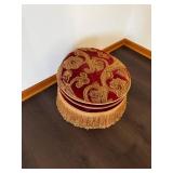 Round Burgundy Paisley Velvet Ottoman Footstool with Gold Fringe