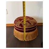 Round Burgundy Paisley Velvet Ottoman Footstool with Gold Fringe