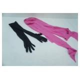 Pink 100% Silk Scarf; Long Black Evening Gloves