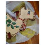 Bin of Christmas Decor - Santas, Bells, Wooden Reindeer, Bead Garland