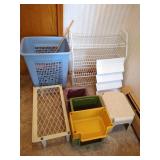 Shoe Rack, Bins, Baskets, Yardstick, and (3) Seat Cushions for Bleachers