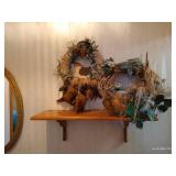 27" Framed Oval Mirror, Wooden Shelf, and (2) Feathered Wreaths
