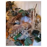 27" Framed Oval Mirror, Wooden Shelf, and (2) Feathered Wreaths