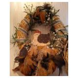 27" Framed Oval Mirror, Wooden Shelf, and (2) Feathered Wreaths