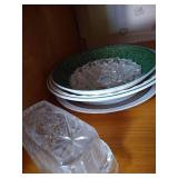 2 Shelves Dishes - Some Vintage Pyrex, Federal, Anchor Hocking, Correlle, and Wine Glasses