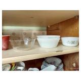 2 Shelves Dishes - Some Vintage Pyrex, Federal, Anchor Hocking, Correlle, and Wine Glasses