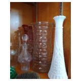 2 Shelves of Vases, Floral Frogs, Trivets, and Trays