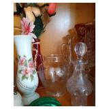 2 Shelves of Vases, Floral Frogs, Trivets, and Trays
