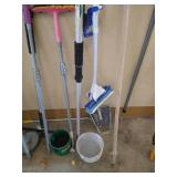 Hanging Rack with Tools, Metal Garbage Can, & Umbrellas