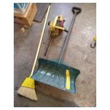 Snow Shovel, Vintage Chain Saw, & Broom