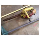 Snow Shovel, Vintage Chain Saw, & Broom