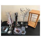 Lot of Assorted Jewelry and Organizers Including Necklaces, Bracelets, Earrings, and Displays
