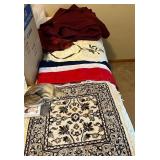 Assorted Linens, Table Runner, Small Rug, and Wig with Cap