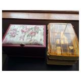 Upholstered Sewing Box and Double Stack Organizer with Assorted Sewing Supplies